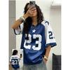 Summer Blue New York 23 Print Women T-Shirt V-Neck Patchwork Short Sleeve Sports Football Jersey Y2K Loose Oversized Tops