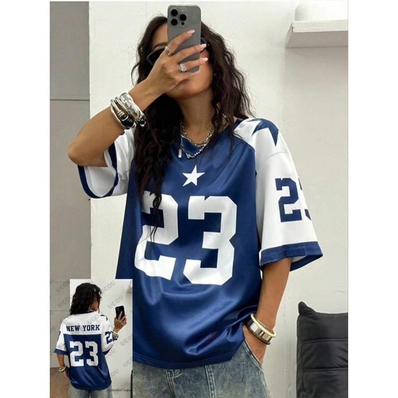 Summer Blue New York 23 Print Women T-Shirt V-Neck Patchwork Short Sleeve Sports Football Jersey Y2K Loose Oversized Tops