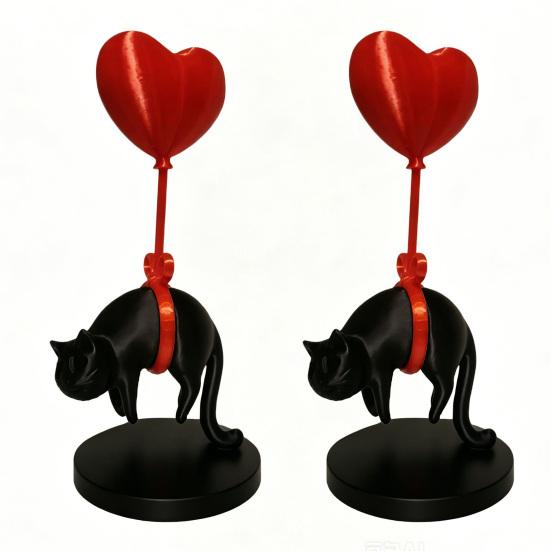 Floating Cat Heart Balloon Figurine 3D Printed Cute Black Cat Statue Romantic Desktop Ornament for Living Room Bedroom Bookshelf Nightstand Decor