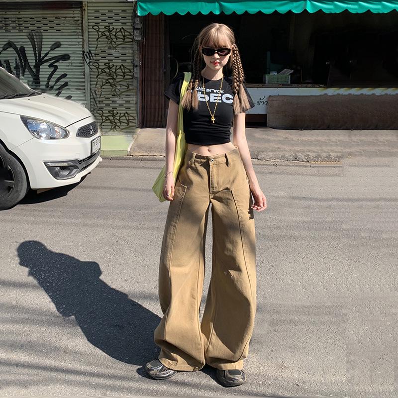 Damen American Khaki Weitbeinjeans mit hoher Taille - 2025 Frühling & Sommer Schlankmachende lockere Passform