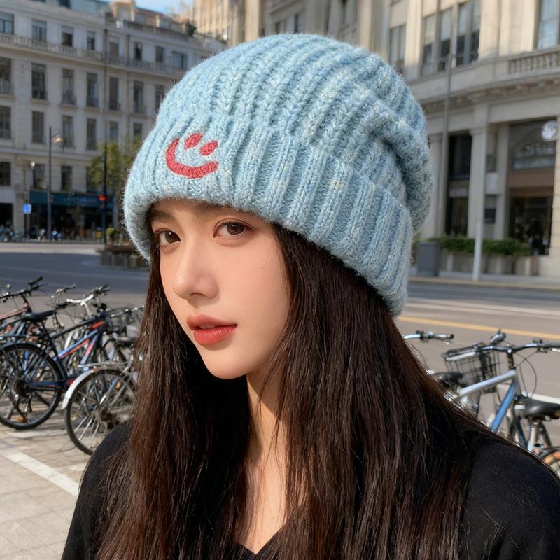 Blue Woolen Cap Thickened and Warm for Children Large Head Wrap Cold Cap To Show Off Face Small Ear Protecting Knitted Pile Cap