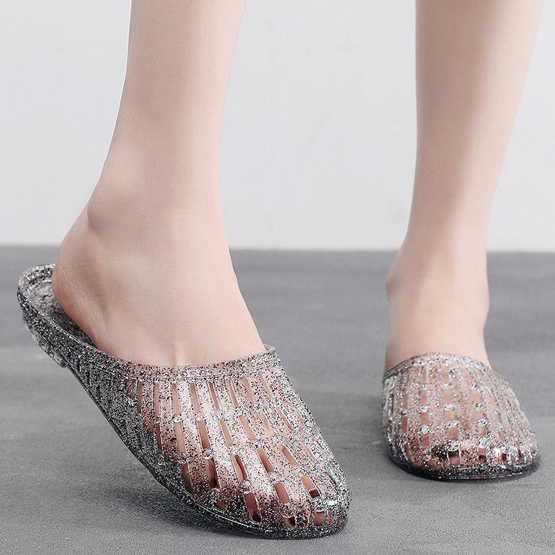 Women's Trendy Crystal Cool Non-Slip Slippers - Versatile Closed-Toe Hollow Design for Shower & Bathroom.