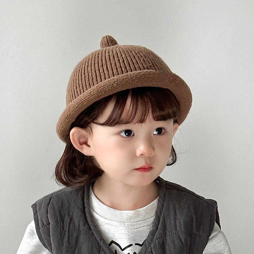 

Solid color Baby Knitted Hat Korean Children s Bonnet Hats Lovely Curled Edge Hat Kids 1-5Y кофейный