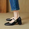Four Seasons Wear Women's Single Shoes New Women's Casual Small Leather Shoes One Pedal Round Head Black Middle Heel Square Heel Low Top Shoes