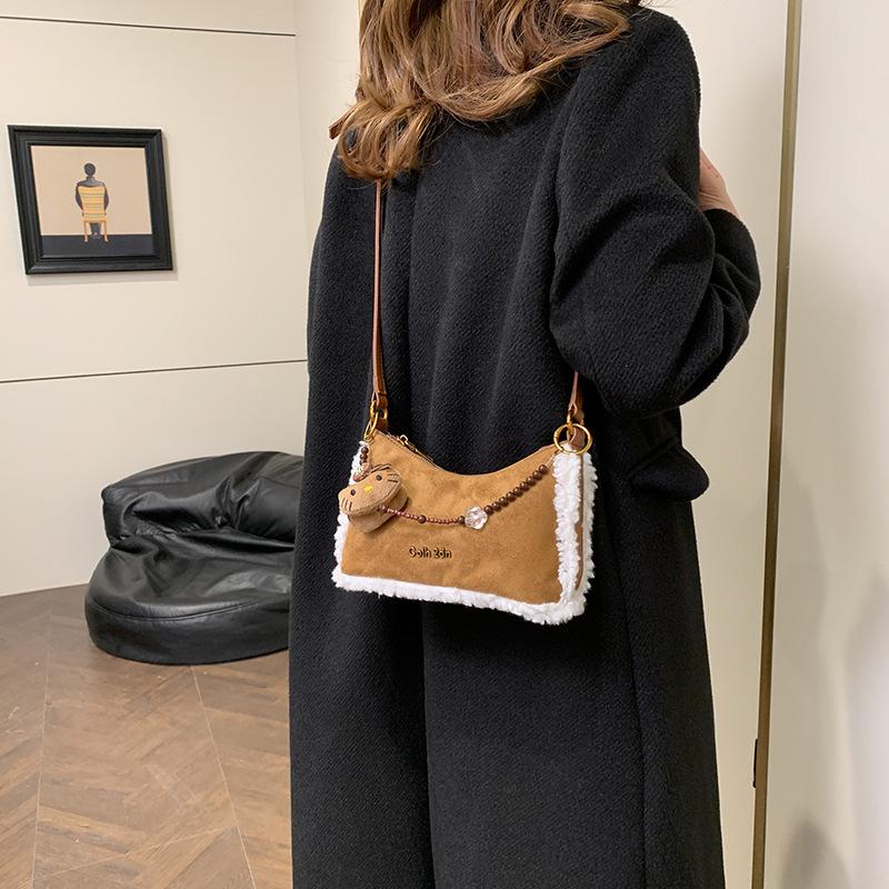 2025 new niche design women's bag fur trim splicing leather shoulder handbag underarm bag fur bag women