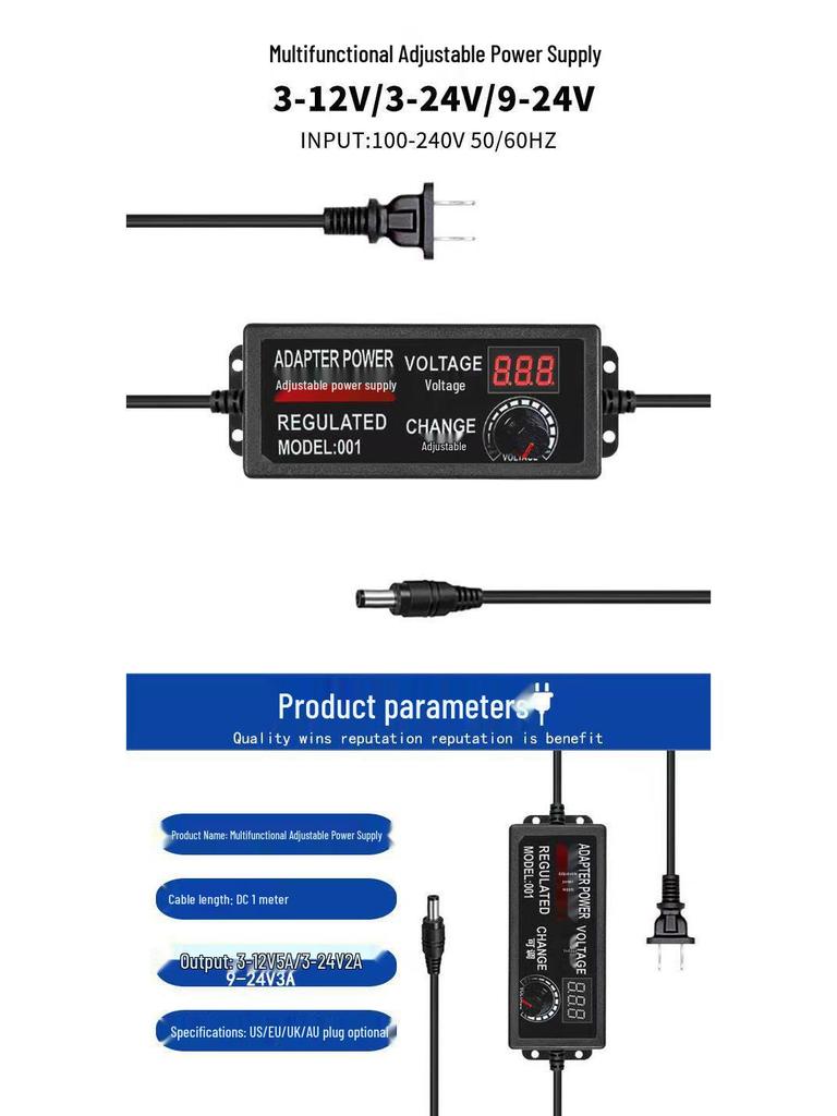 Adjustable 3-12V 5A Power Supply with Display, 60W Stepless Voltage Regulator.