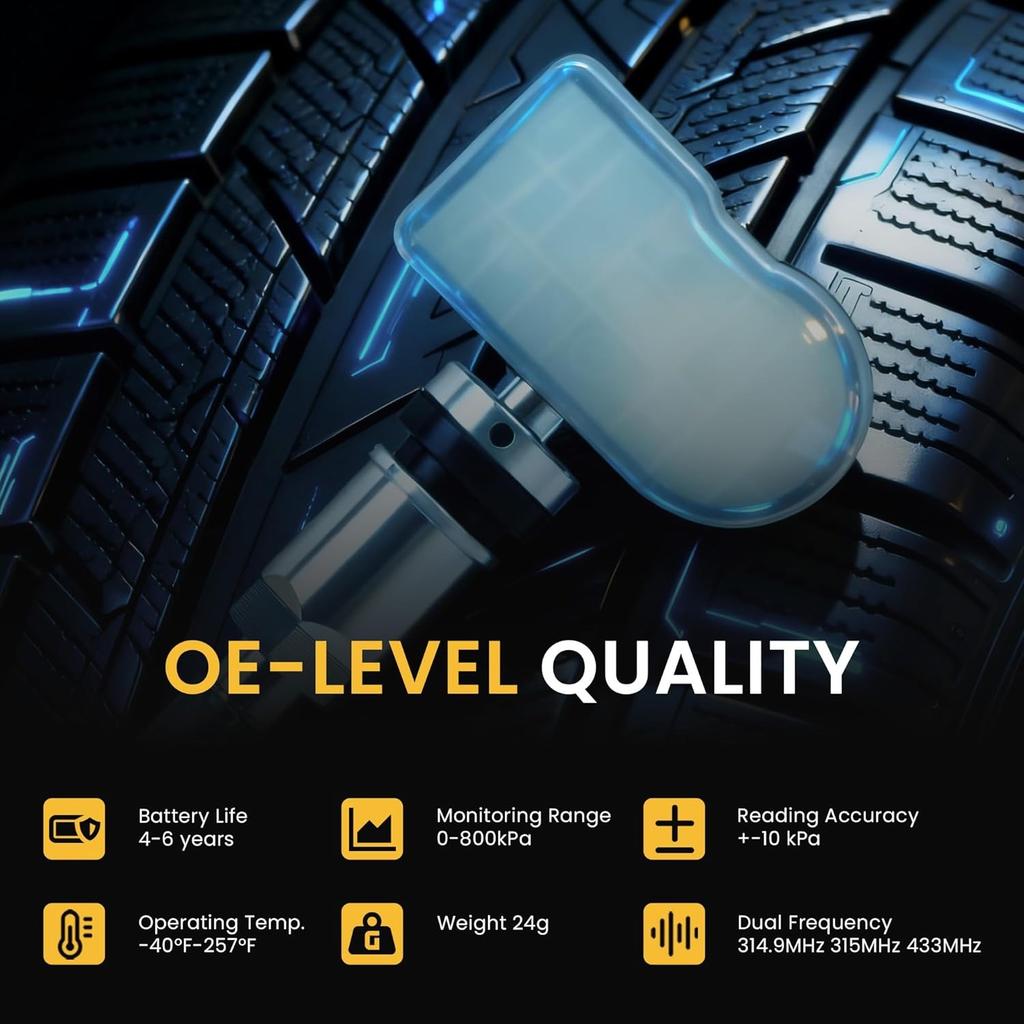 Universal TPMS Sensor 315MHz+433MHz, Tire Pressure Monitoring Sensor Programmable Compatible with TPMS Tool TS408 TS508, Replaceable Metal Valve Stem