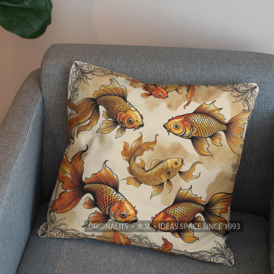 2D Stylish Koi Fish Pattern Decorative Pillow Cover Pattern Cushion Cover Suitable For Sofa Bedroom Car Pillow Cover