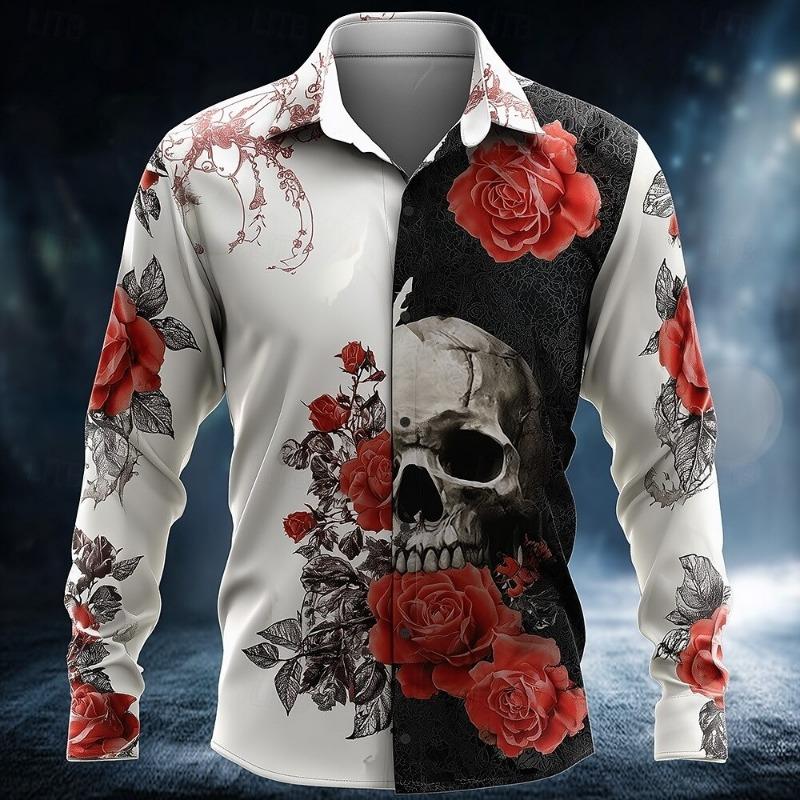 New Men's 3D Skull Print Button Up Shirt Long Sleeved Deep Punk Gothic Flower Style Outdoor Holiday Collar Shirt Top