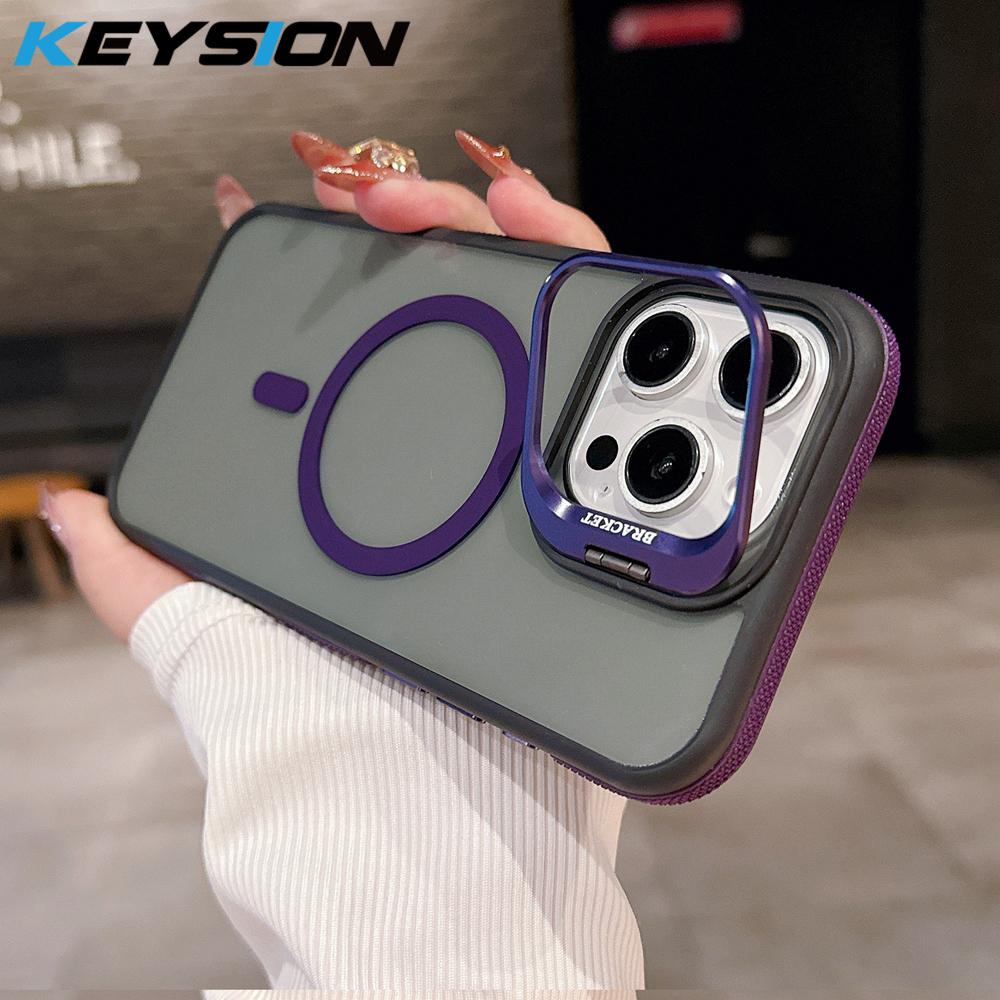 KEYSION Transparent Magnetic Lens Stand Case for MagSafe for iPhone 14 15 16 Pro Max 16 Plus Color Blocking Shockproof Phone Cover