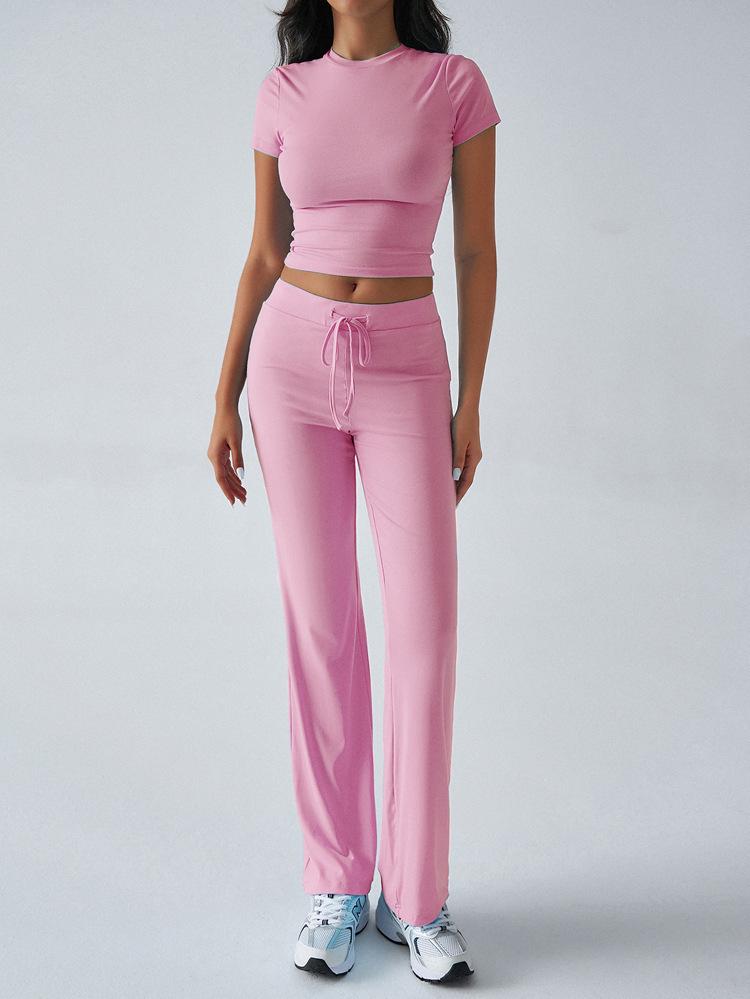 2025 Women's European & American Solid Color Round Neck Casual Fashion Set - Short Sleeve Top & Long Pants for Spring/Summer