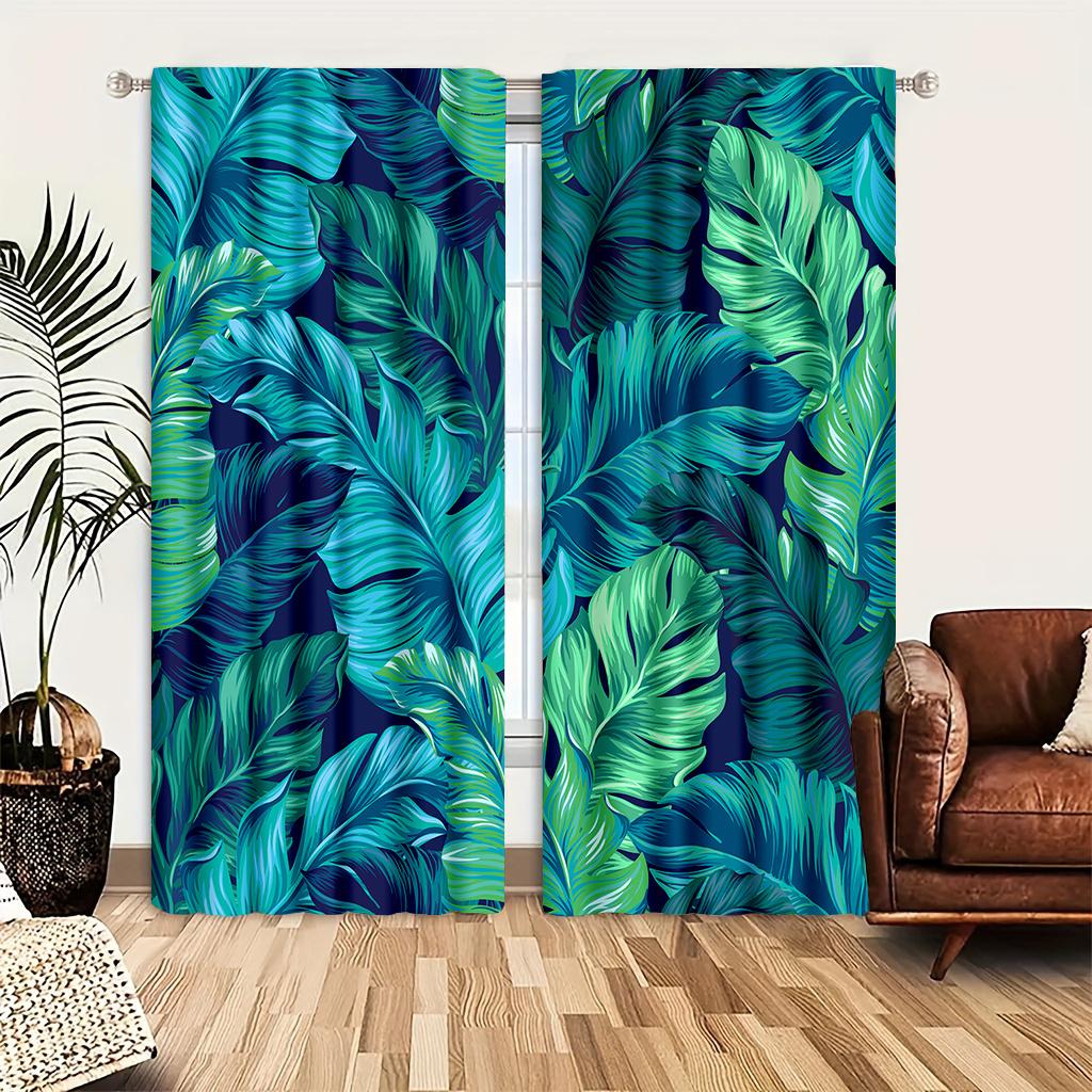 2pcs Nordic Green Plant Leaves Curtains-Light-Filtering WindowTreatment for Kitchen, Living Room, Office, and Bedroom Decor