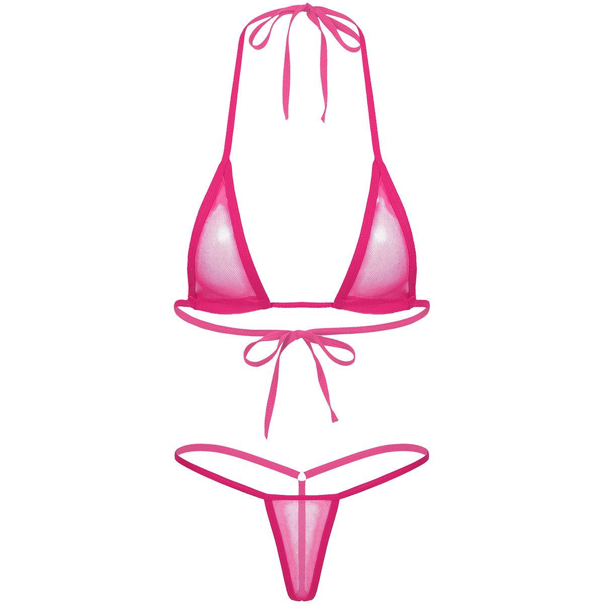 

Womens Two Piece Triangle Bikini Set with Halter Lace Up Bra and T Back Thong Swimwear OneSize