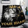 1PC Custom Name Royal Lion Majesty Patterned Flannel Blanket Suitable For All Seasons for Home Decor Warmth and Comfort Gifts Holiday Present_lx