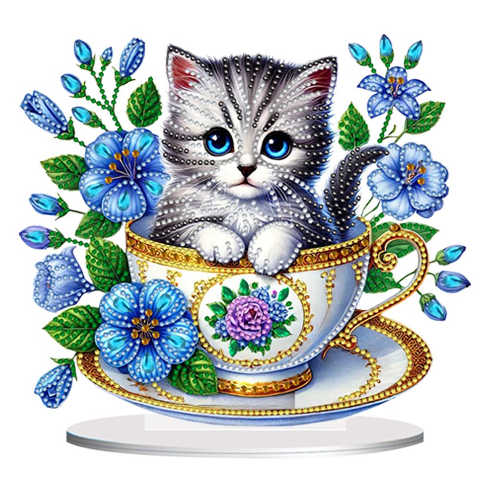 2D Flat Teacup Cat DIY Table Top Diamond Painting Ornament Kits Desktop Diamond Art Kits 5D DIY Diamond Art Tabletop Decorations
