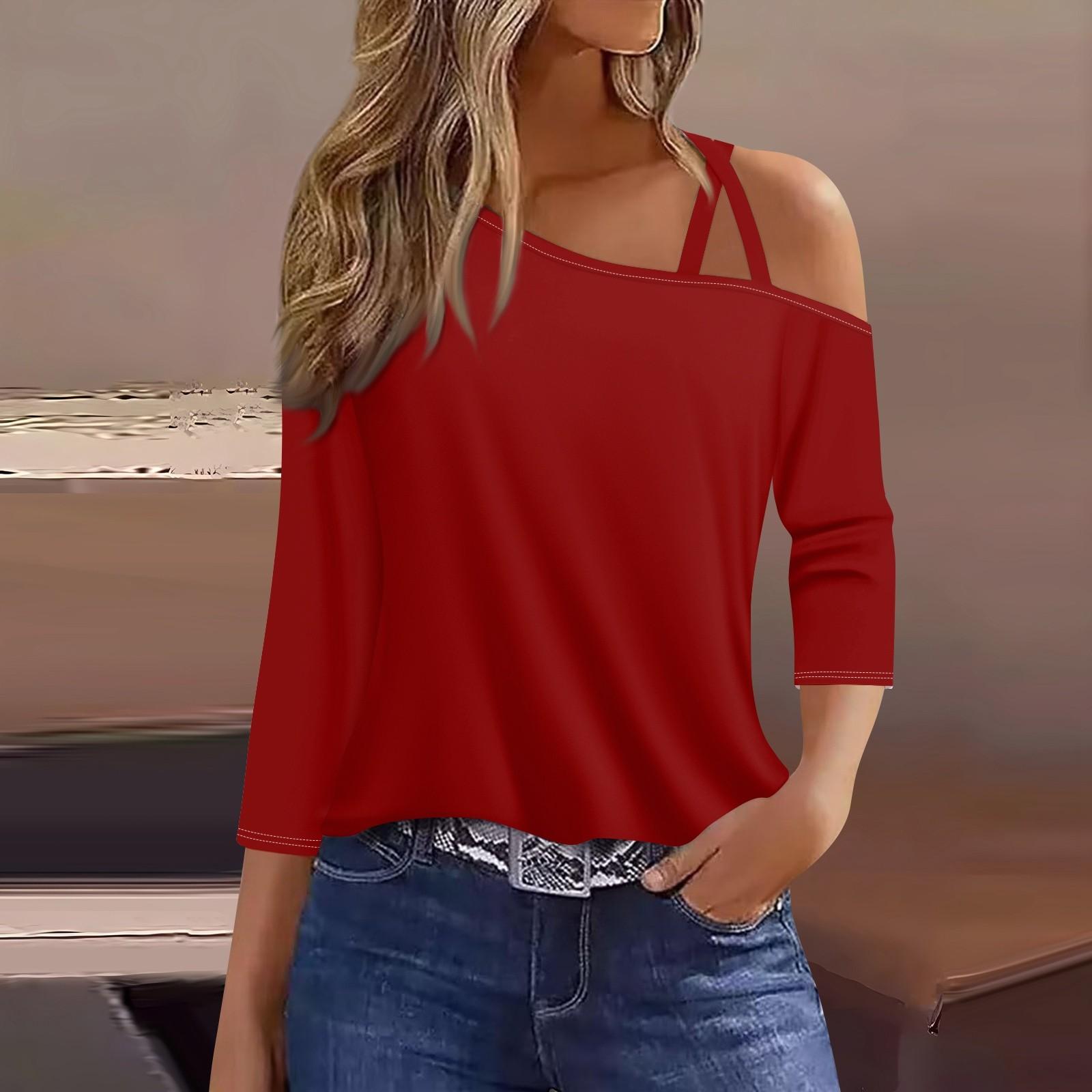 

Женская футболка Футболка с принтом Рукав 3/4 Повседневные Выходные Мода Классический с открытыми плечами Обычный Топ XXXL красный