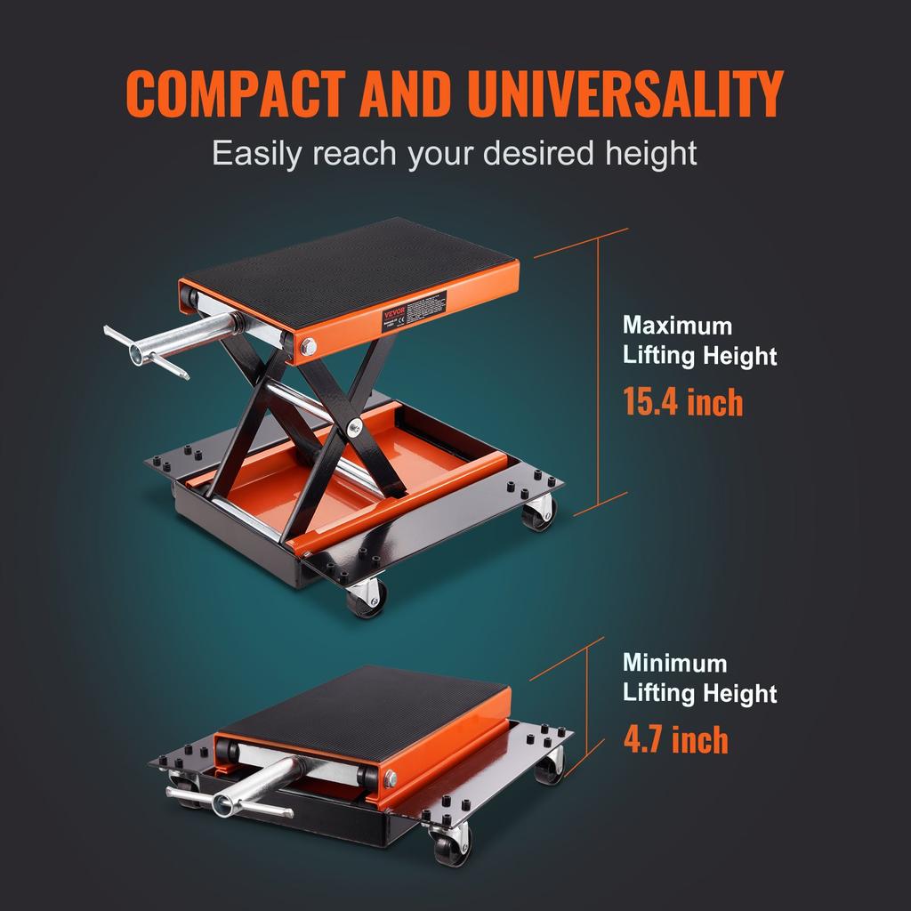 VEVOR Motorcycle Lift ATV Scissor Jack Dolly 499.5 Kg Wide Deck & Hand Crank