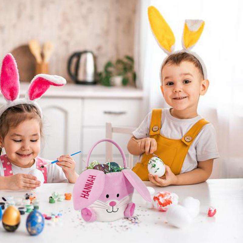 Plush Bunny Easter Basket Soft Festive Candies Storage Container Empty Embroidered Easter Basket With Handle For Boys Girls Cute