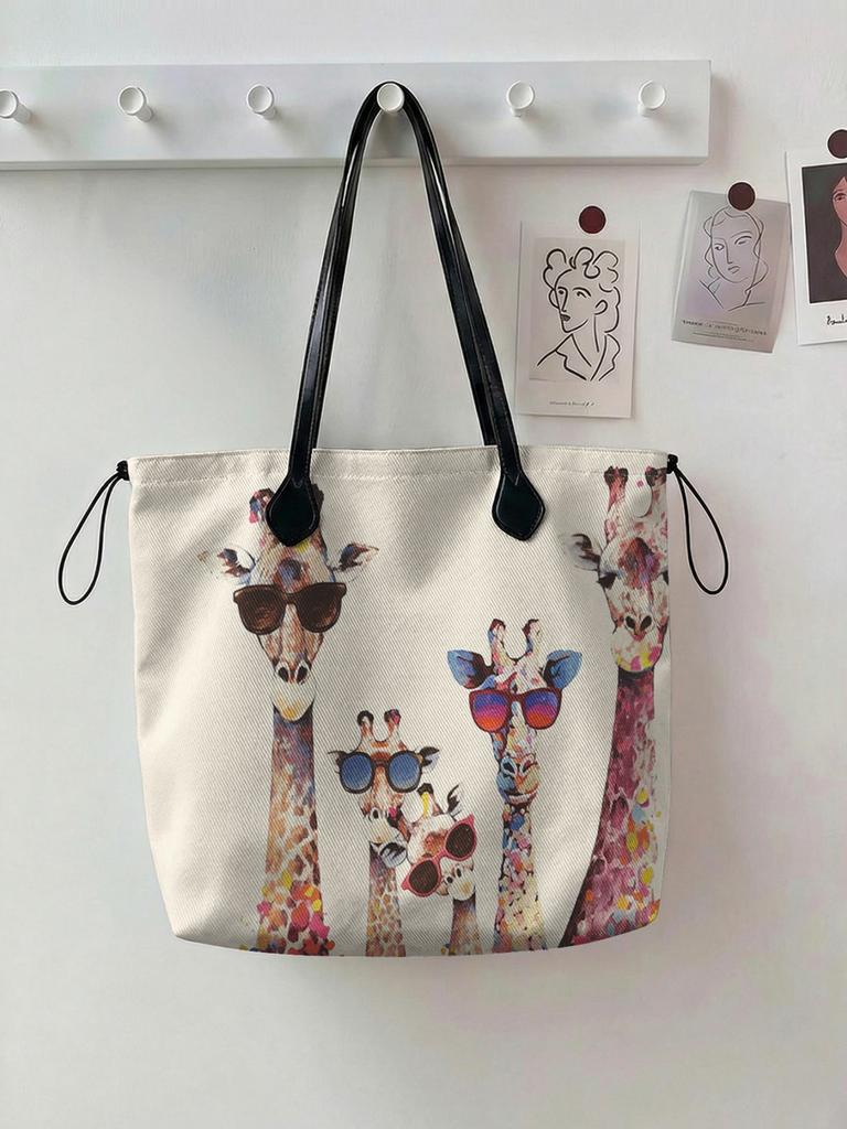 Giraffe Printed Handbag for Women, Large Capacity Leather Handle Shopping Bag, Casual Shoulder Bag