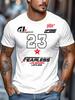 Men's Outdoor Casual Sports T Shirt, Fearless Racing Pattern T Shirt White Casual Round Neck Short Sleeve T Shirt with Star and Plaid Design, Perfect 