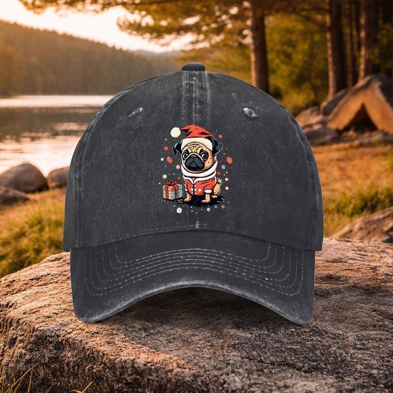 Pug Print Washed Baseball Cap for Unisex Women Casual Christmas Golf Hat Outdoor Daily Commute Unisex Cap