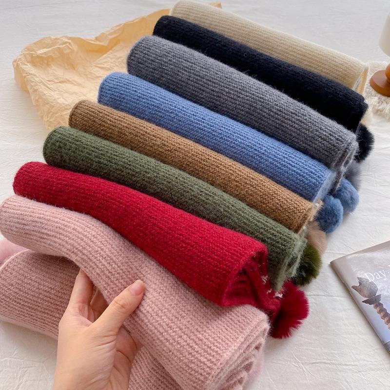 Cute Big Hairball Knitted Scarf Women's New Winter Model with Wool Thickened Contrasting Stripes Wool Warm Scarf