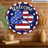 2D Flat Welcome 4th of July Dog Cat Paw Prints Aluminum Sign, Patriotic America Aluminum Sign Door Hanger Outdoor/Indoor Decor, for Home, Office