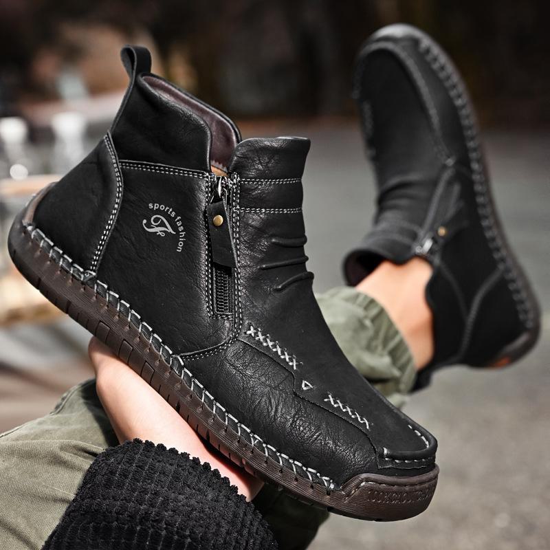 Men's High-Top Leather Snow Boots - Warm, Non-Slip, Side-Zip British Style Martin Boots for Autumn/Winter