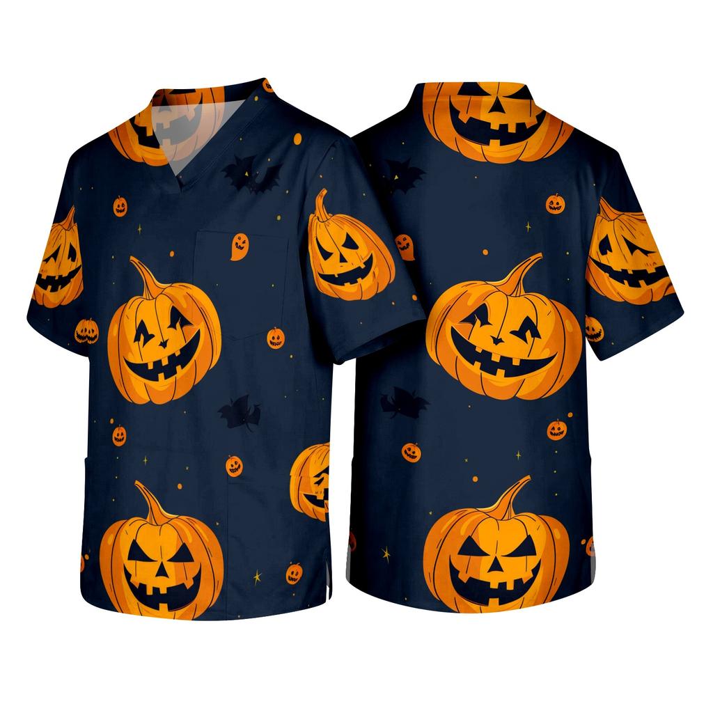 Men's V Neck Halloween Print Medical Scrub Top with Chest Pocket Short Sleeve Comfortable Fit Lightweight Fabric