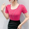 New Summer Women's T-shirt Sexy Skew Collar Shiny Diamonds Tees Fashion Female Short Sleeves Slim Mesh Tops Blouse