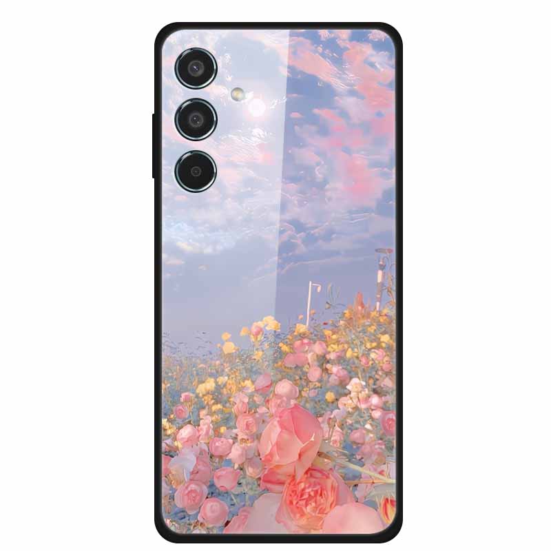Glass Cellphone Case For Samsung Galaxy M35 Hard Plastic Back Cover For Samsung M 35 Flowers Painted Cases Fundas Shell Shield
