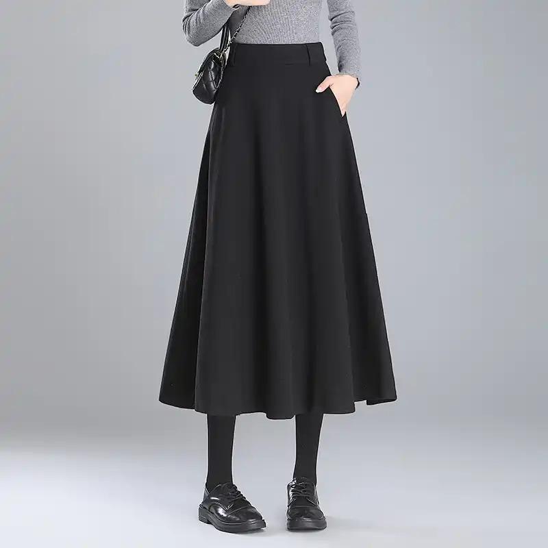 Woolen Skirt Women's Autumn Winter New Style Small Person Control High Waist Slimming Mid-length A-line Skirt