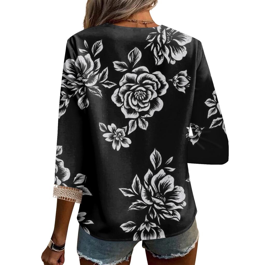 Damenbluse, lässig, locker, 3/4-Ärmel, Spitzenbesatz, Aufdruck, V-Ausschnitt, Aufdruck, Oberteile, T-Shirts