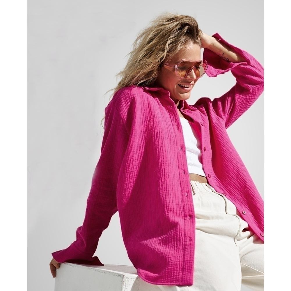Women's Point Collar Long Sleeve Shirt Loose Fit Elegant Solid Crinkle Cotton Button Down Blouse