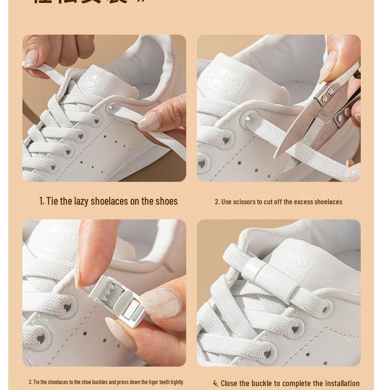No-Tie Elastic Shoelaces: Lazy Buckle for Men, Women, and Kids - White Flat Sports Style