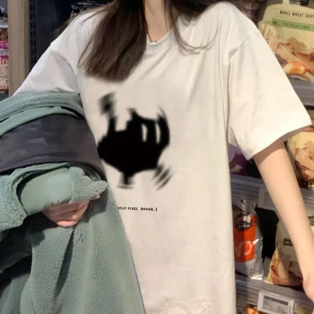 Korean Womens Cotton T-Shirts Black Cat Pixel Cartoons Printing Tops Comfortable Soft O-Neck Loose Short Sleeve Female Clothes