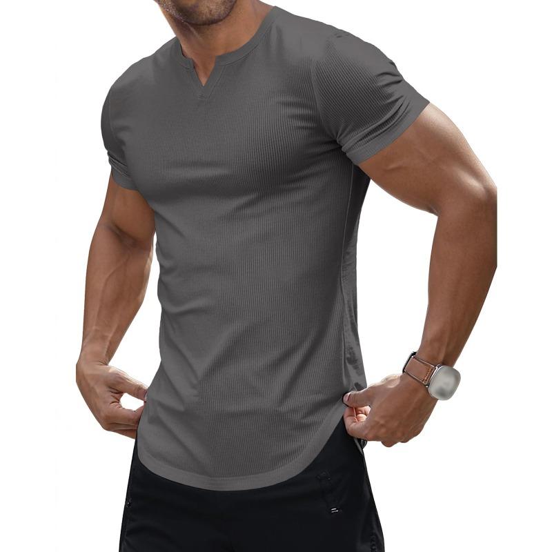 Summer Fashion V-neck Solid Color Bottomed Tee Male Short Sleeve All-match Pullover T-shirt Men Simple Top