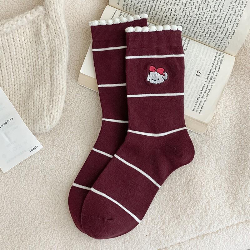 Socks Medium Tube Socks Season Cotton Embroidery Puppy Cute Cartoon Lace Bubble Mouth Striped Stacking Socks Women