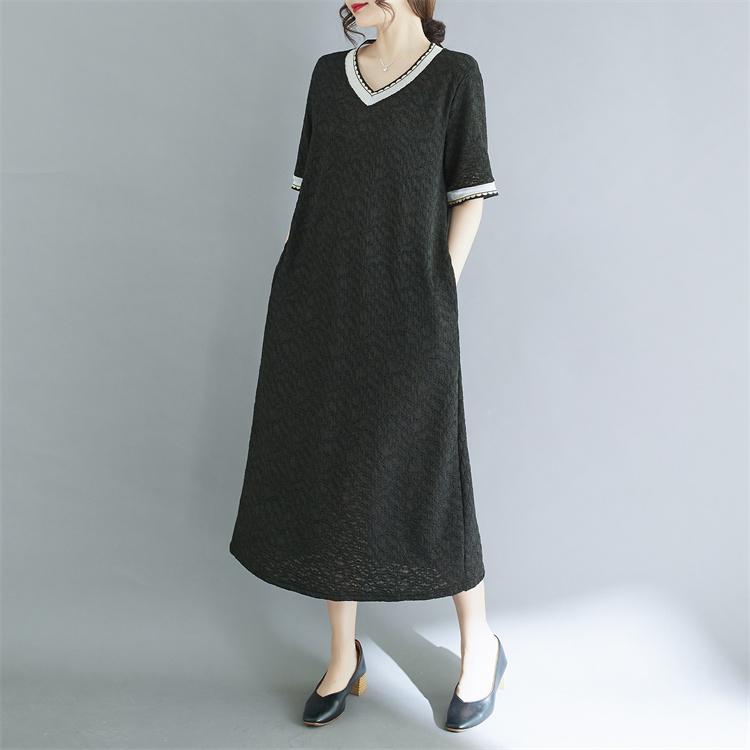 

DIMANAF 2025 Summer Women Plus Size Dress Vintage Basic Short Sleeve Casual Loose Long Dress New 2XL чорний