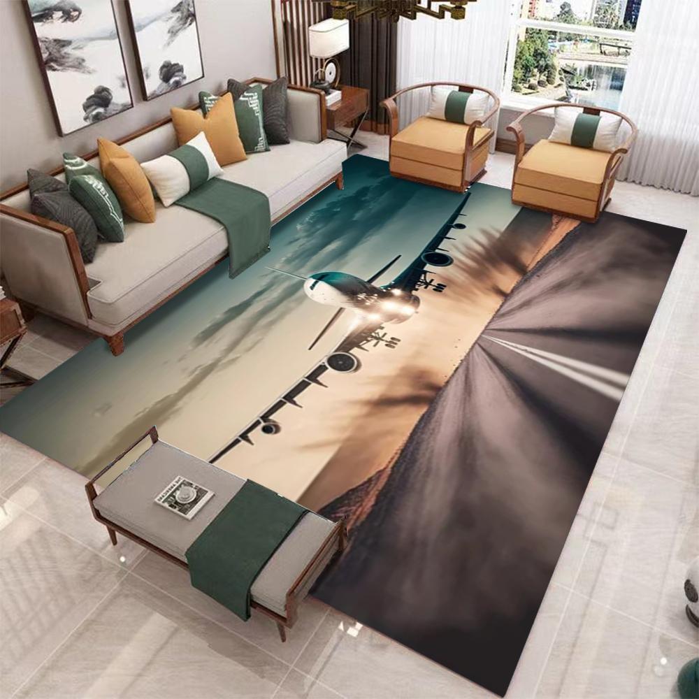 Large Airplane Theme Carpet with Warm Brown Desert Landscape Living Room Area Rug Dark Green Blanket Modern Home Decoration Mat