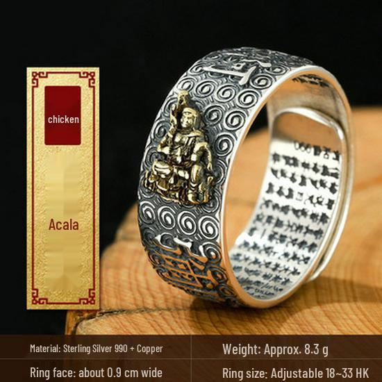

Yin Taifei Retro Thai Silver Zodiac Openable Ring with Birth Year Buddha Heart Sutra - Unisex Guardian Deities Design Adjustable