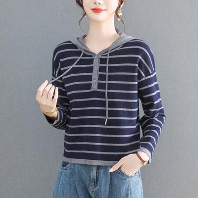 Women's Striped Hooded Knit Sweater: Spring/Autumn Layered Wear