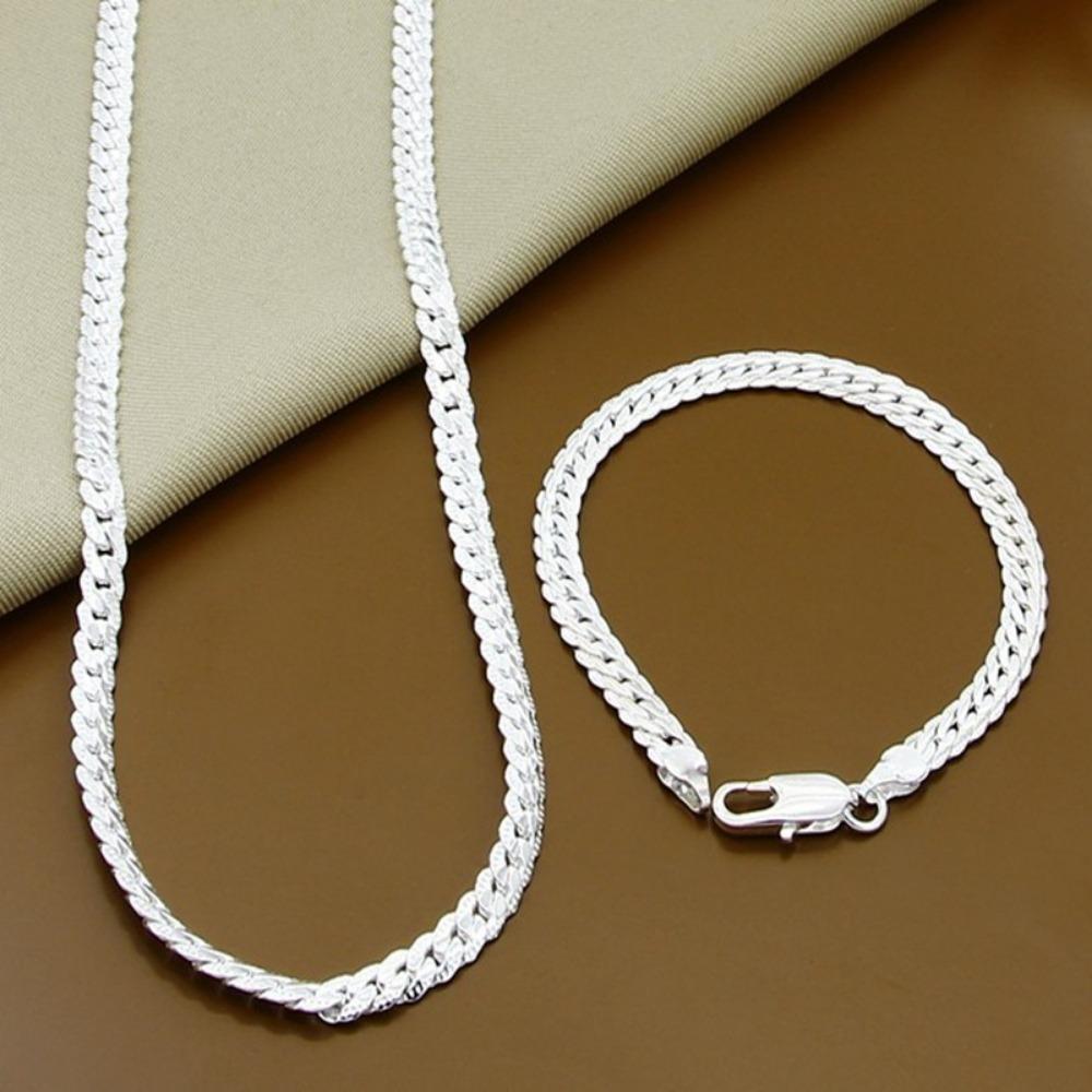 2Pcs Full Side Flat Chain Bracelet Silver-Plated Snake Chain Bracelet Side Chain Necklace Party