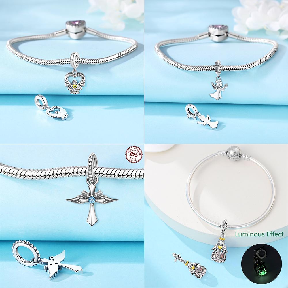 New Silver 925 Angel Sculpture Charms Heart Beads Fit Bracelet for Women Jewelry Party Beads DIY Fine Jewelry Gifts