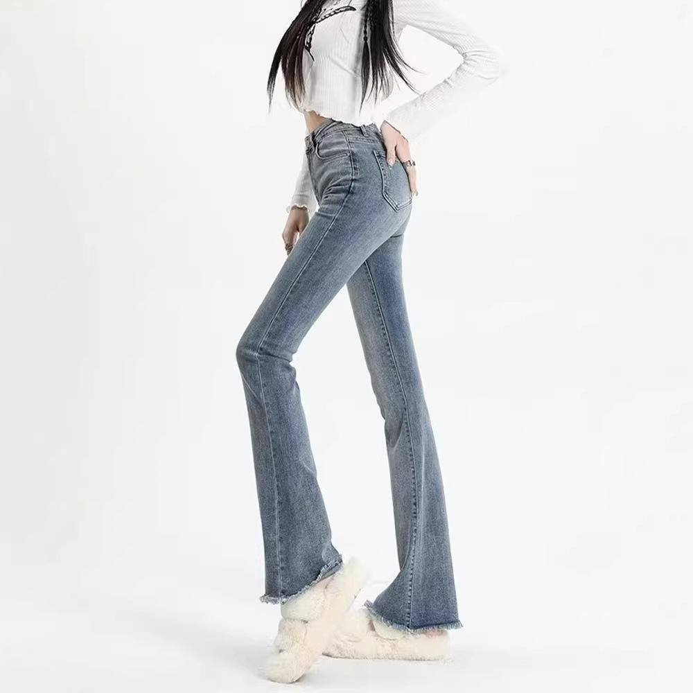 Women's Retro Gray High-Waist Micro-Flare Jeans with Frayed Hem – Slimming, Stretchy, Spring/Autumn Style