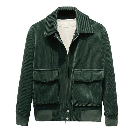 Men Corduroy Jacket Lapel Long Sleeve Flap Pockets Full Zipper Closure Solid Color Jacket Casual Outerwear