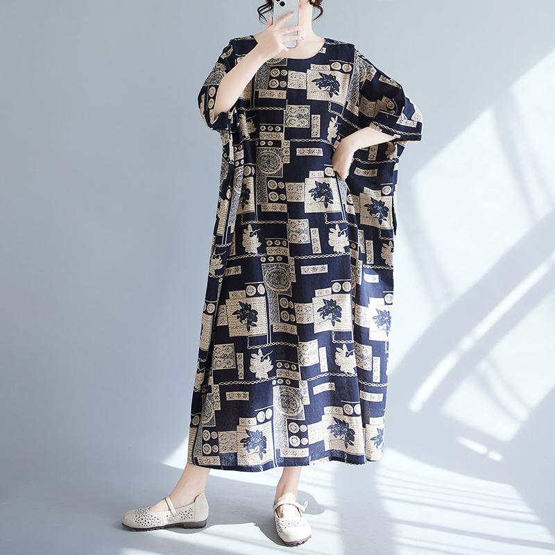 DIMANAF 2025 New Plus Size Summer Dress Women Vintage Printing Loose Casual Dress Long Soft Linen Dress Maxi