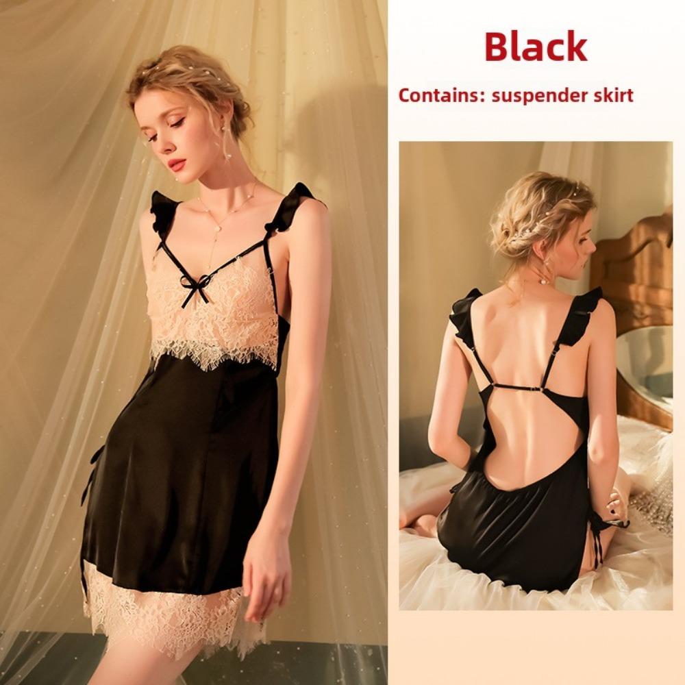 Sexy Perspective Seduction Low-cut Backless Pajamas Ruffle Edge Suspenders Eyelash Nightgown Split-ended Loungewear