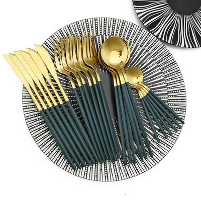 24Pcs Stainless Steel Dinnerware Set Kitchen Green Gold Cutlery Set Knife Fork Spoon Flatware Tableware Minimalist Silverware