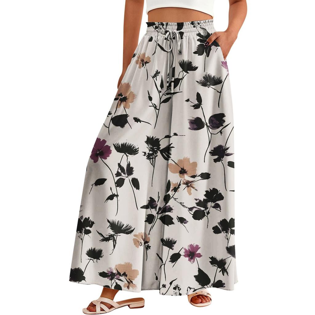 Women's Palazzo Pants Boho Floral Wide Leg Trousers Summer Beach High Waisted Flowy Pants With Pockets